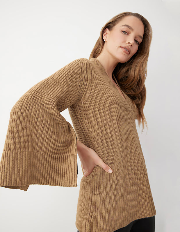 Snap Sleeve V-Neck Sweater
