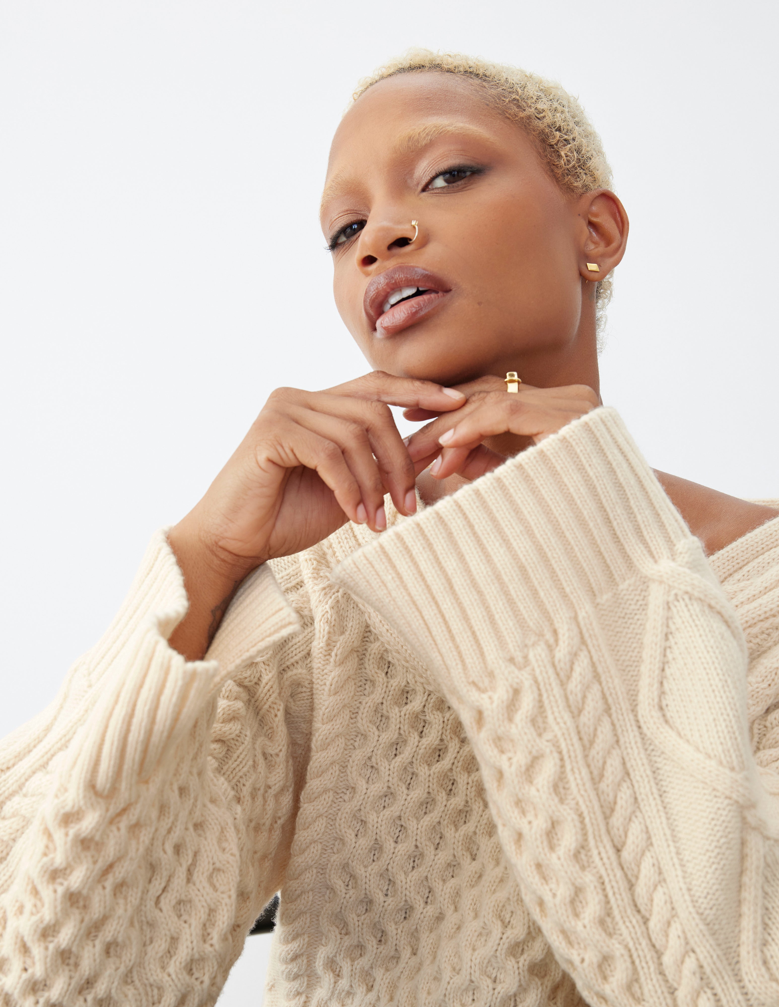 Off the Shoulder Cable Knit Sweater