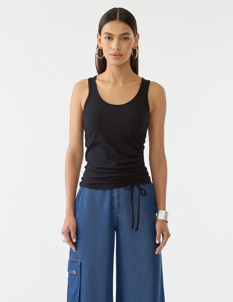 Halogen Ruched Knit Tank Top In Rich Black